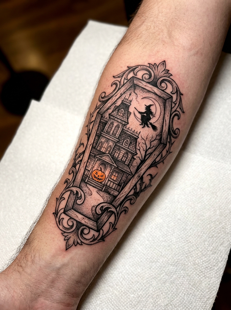 Haunted House Coffin Tattoo