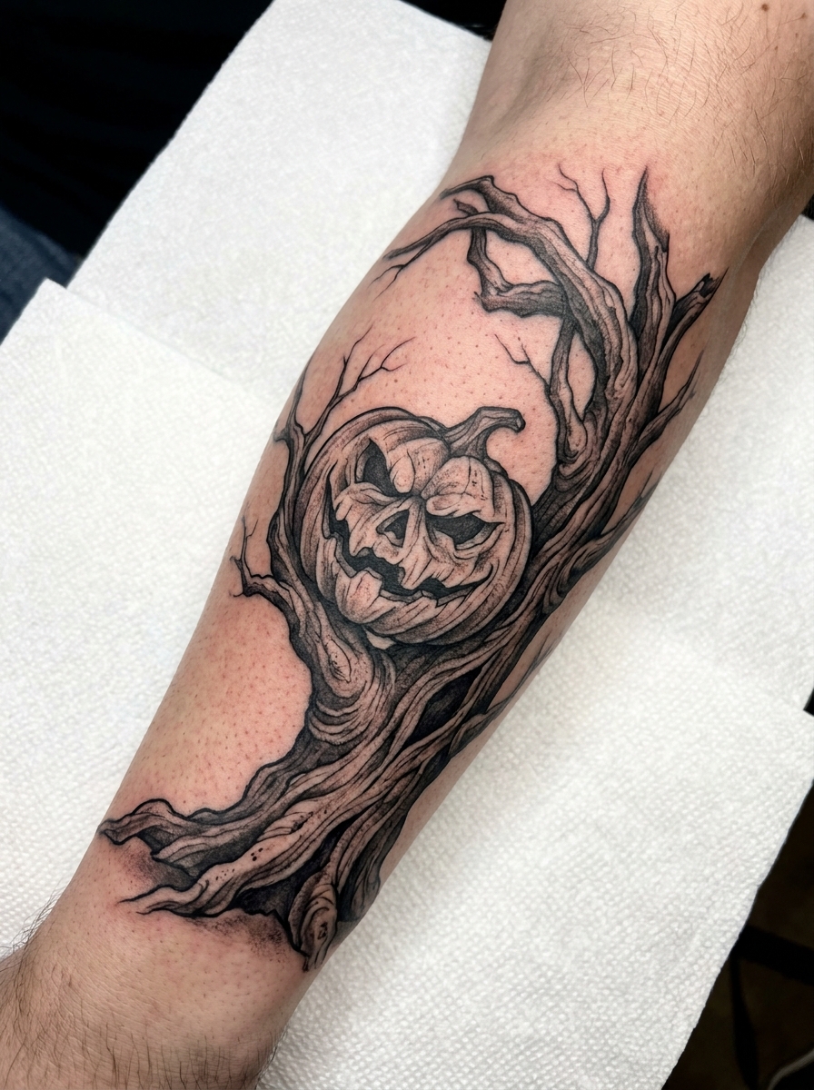 Carved Pumpkin in a Tree