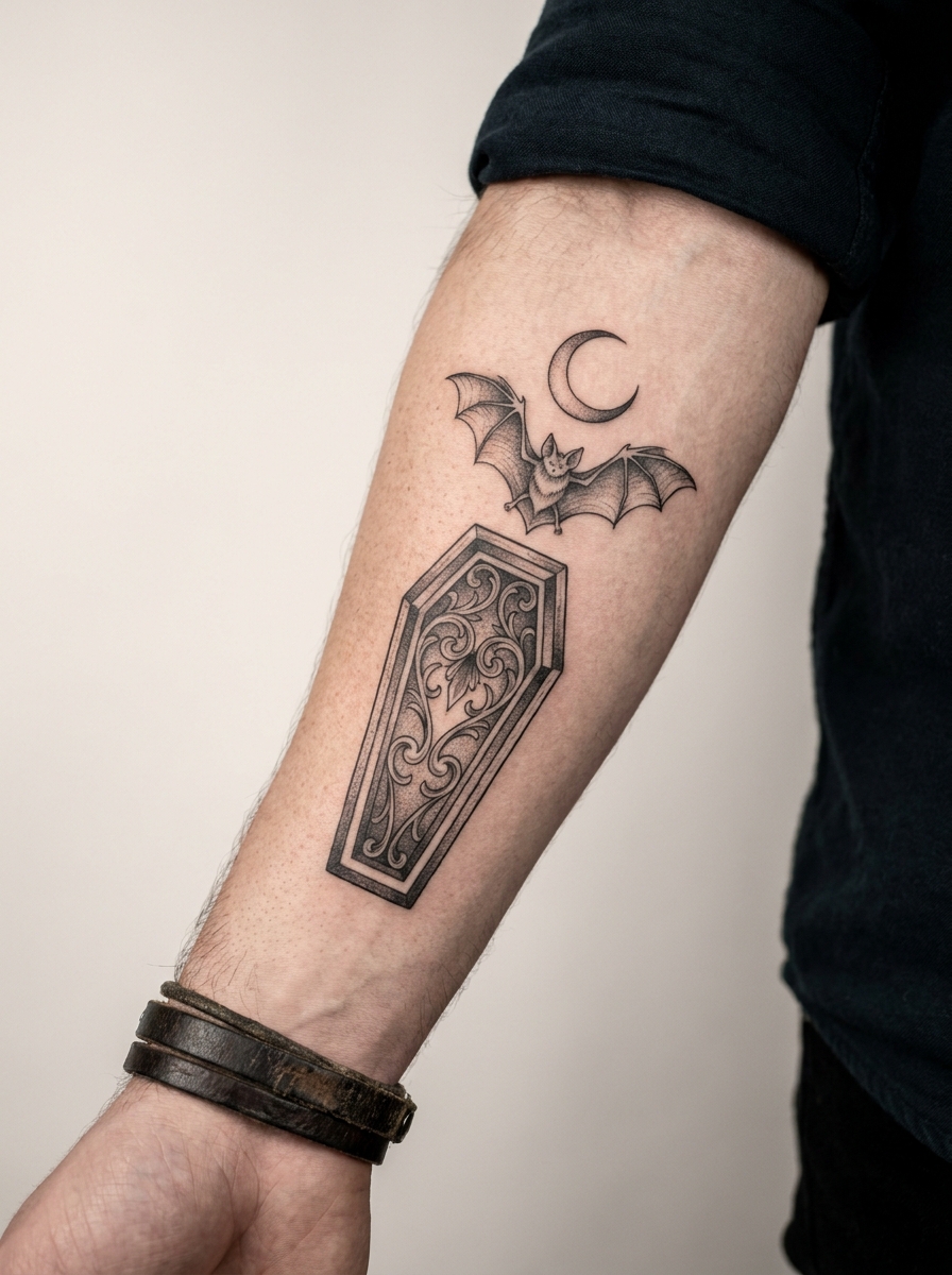 Coffin, Bat and Crescent Moon Tattoo