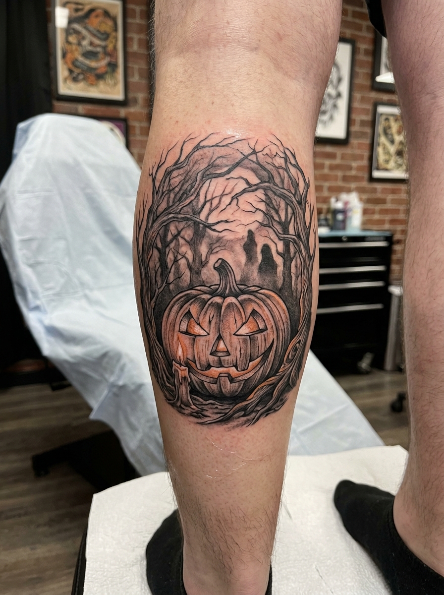 Carved Pumpkin in a Spooky Forest