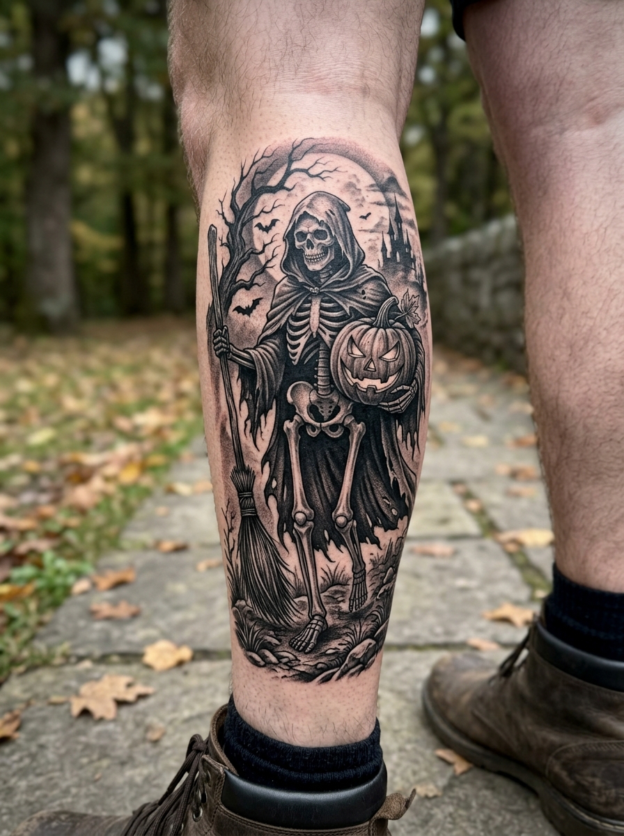 Skeleton Holding a Pumpkin and Witch's Broom