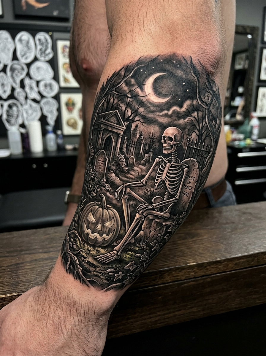 skeleton and Pumpkin Scene