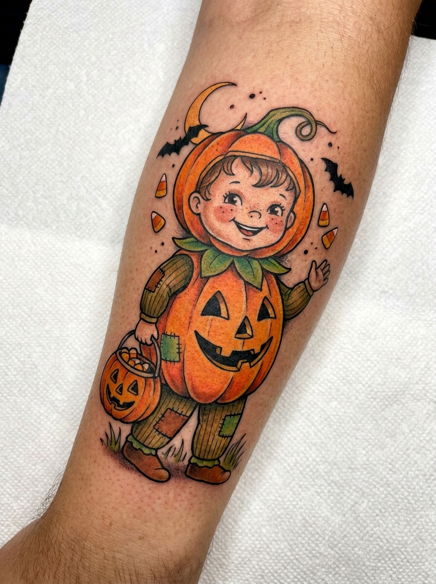Cartoon Kid Wearing a Pumpkin Costume