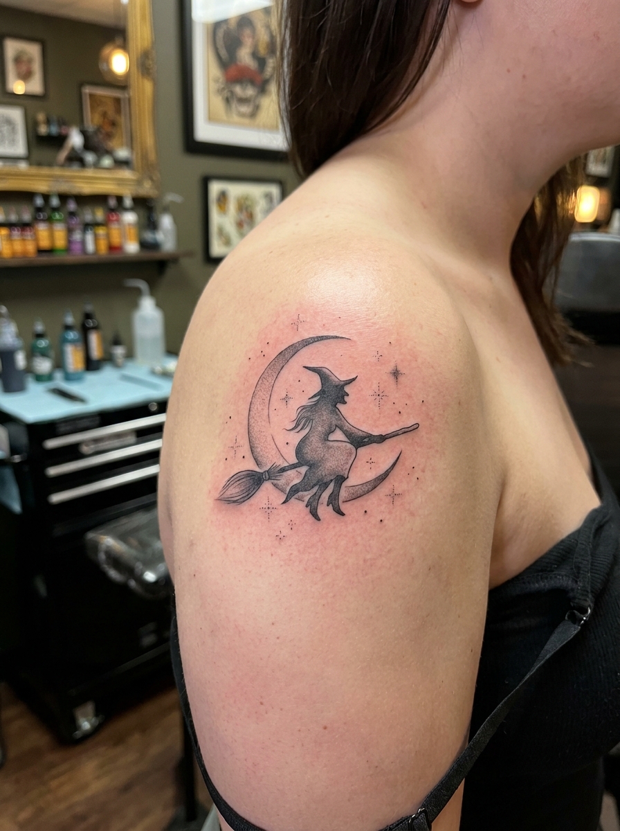 Witch on a Broom Tattoo