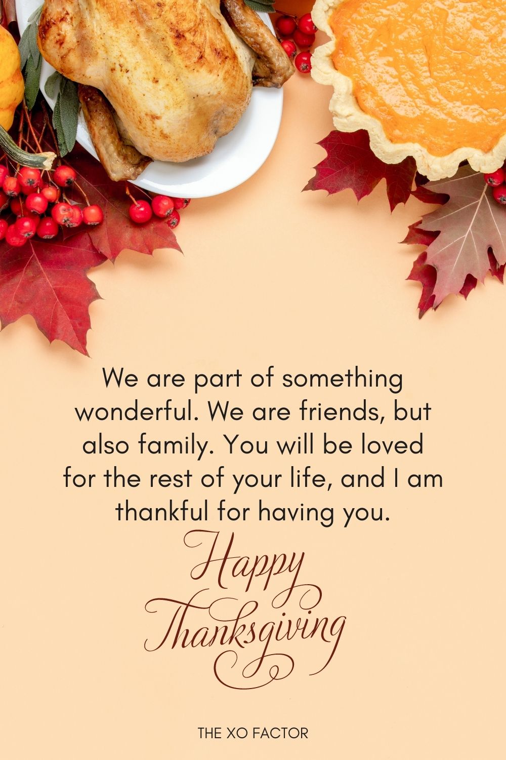 We are part of something wonderful. We are friends, but also family. You will be loved for the rest of your life, and I am thankful for having you. Happy Thanksgiving.