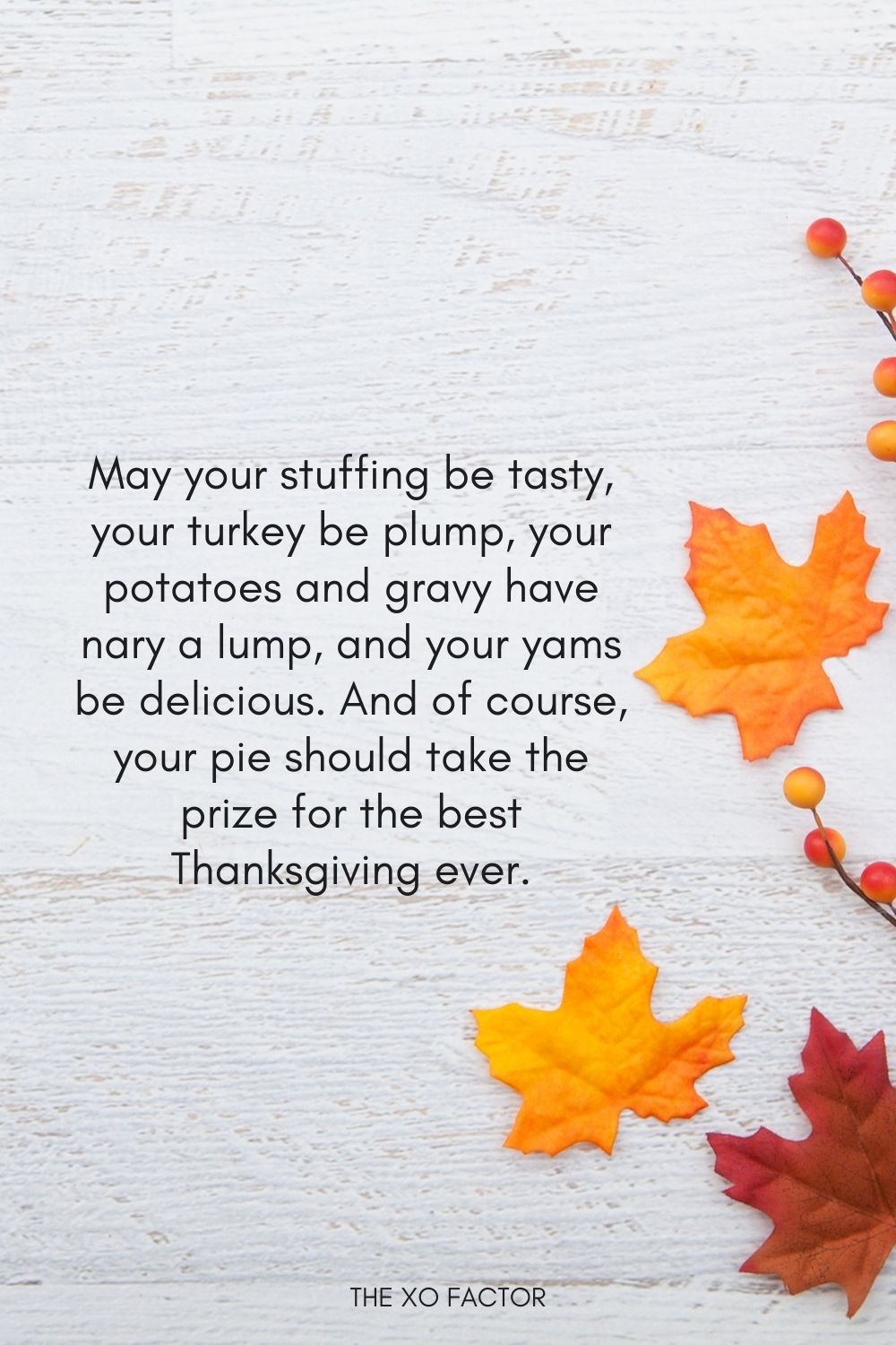 May your stuffing be tasty, your turkey be plump, your potatoes and gravy have nary a lump, and your yams be delicious. And of course, your pie should take the prize for the best Thanksgiving ever.