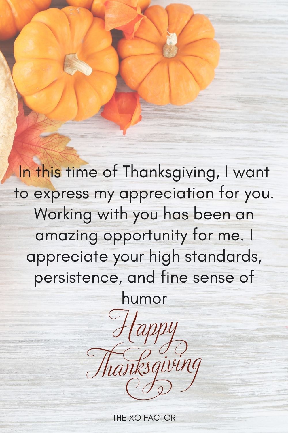 In this time of Thanksgiving, I want to express my appreciation for you. Working with you has been an amazing opportunity for me. I appreciate your high standards, persistence, and fine sense of humor. Happy Thanksgiving.
