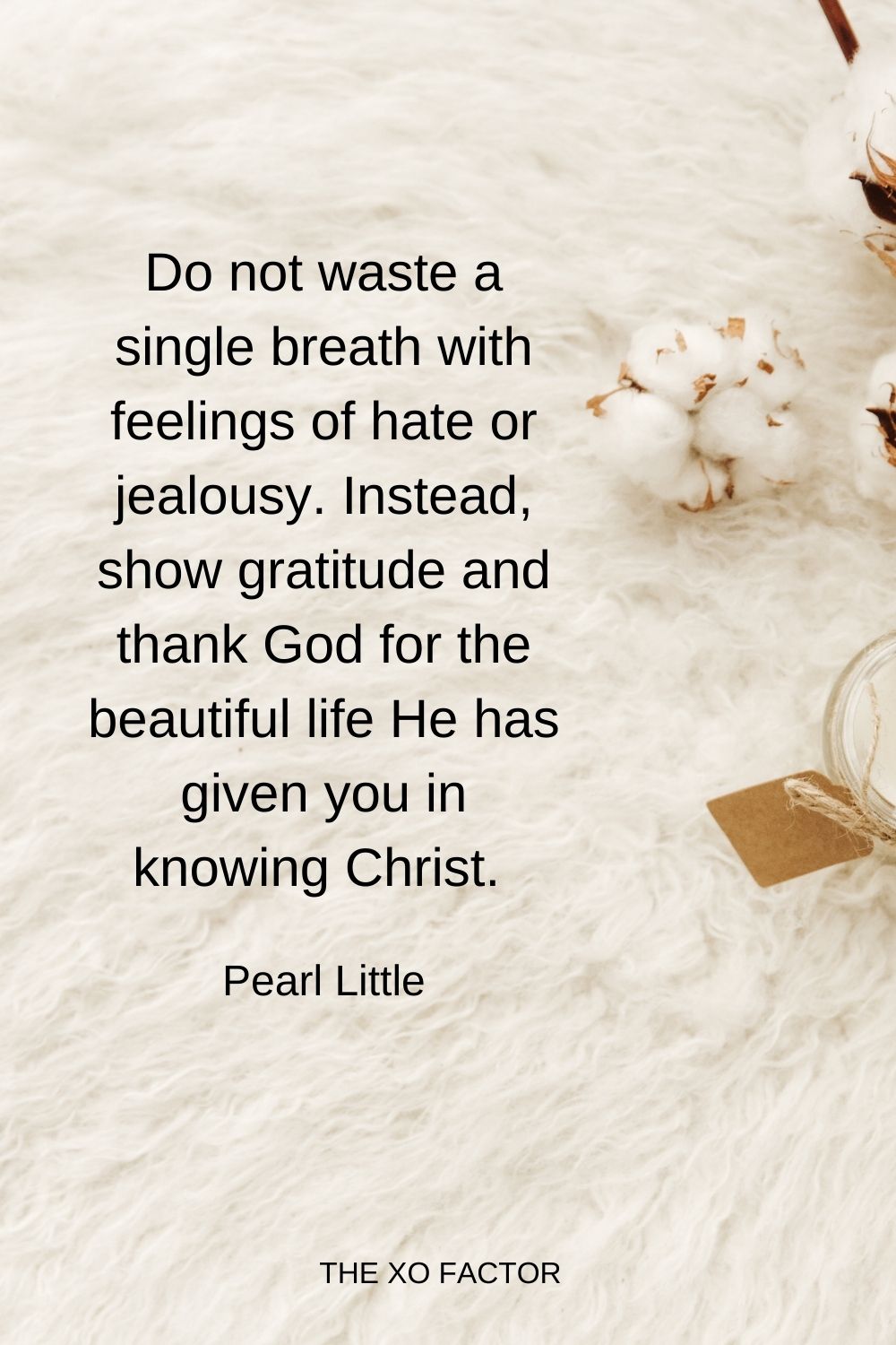 Do not waste a single breath with feelings of hate or jealousy. Instead, show gratitude and thank God for the beautiful life He has given you in knowing Christ.  Pearl Little