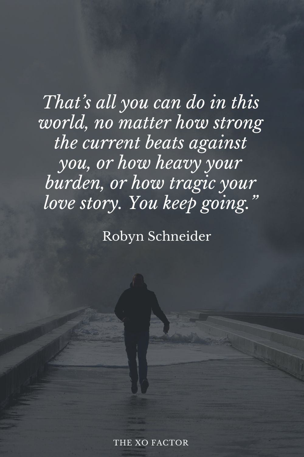 That’s all you can do in this world, no matter how strong the current beats against you, or how heavy your burden, or how tragic your love story. You keep going.” Robyn Schneider