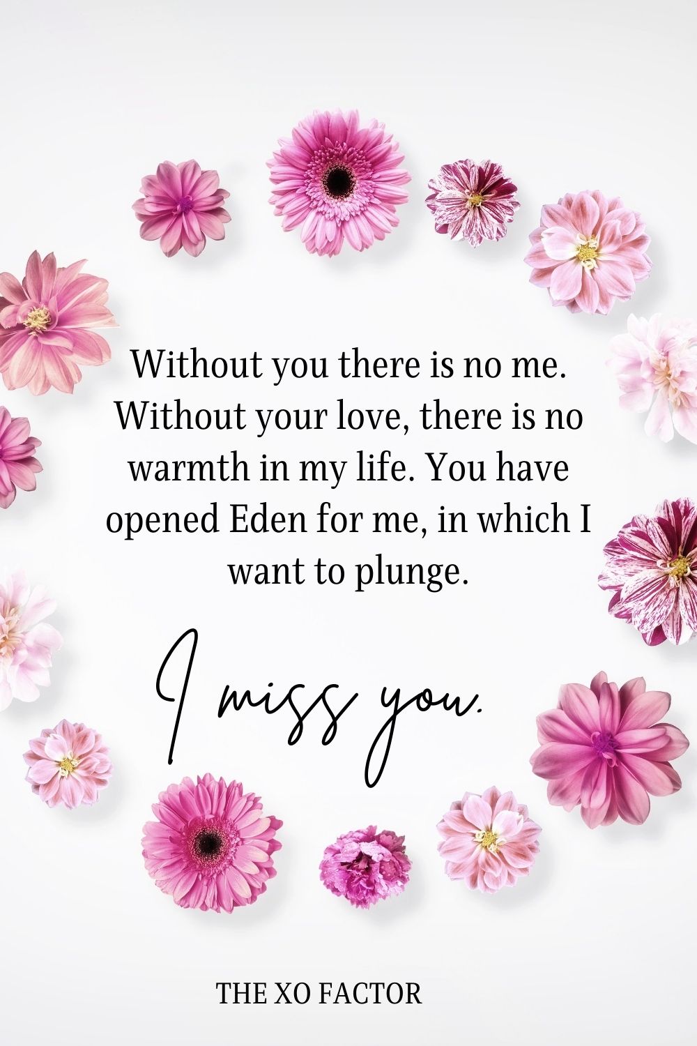 Without you there is no me. Without your love, there is no warmth in my life. You have opened Eden for me, in which I want to plunge. I miss you.