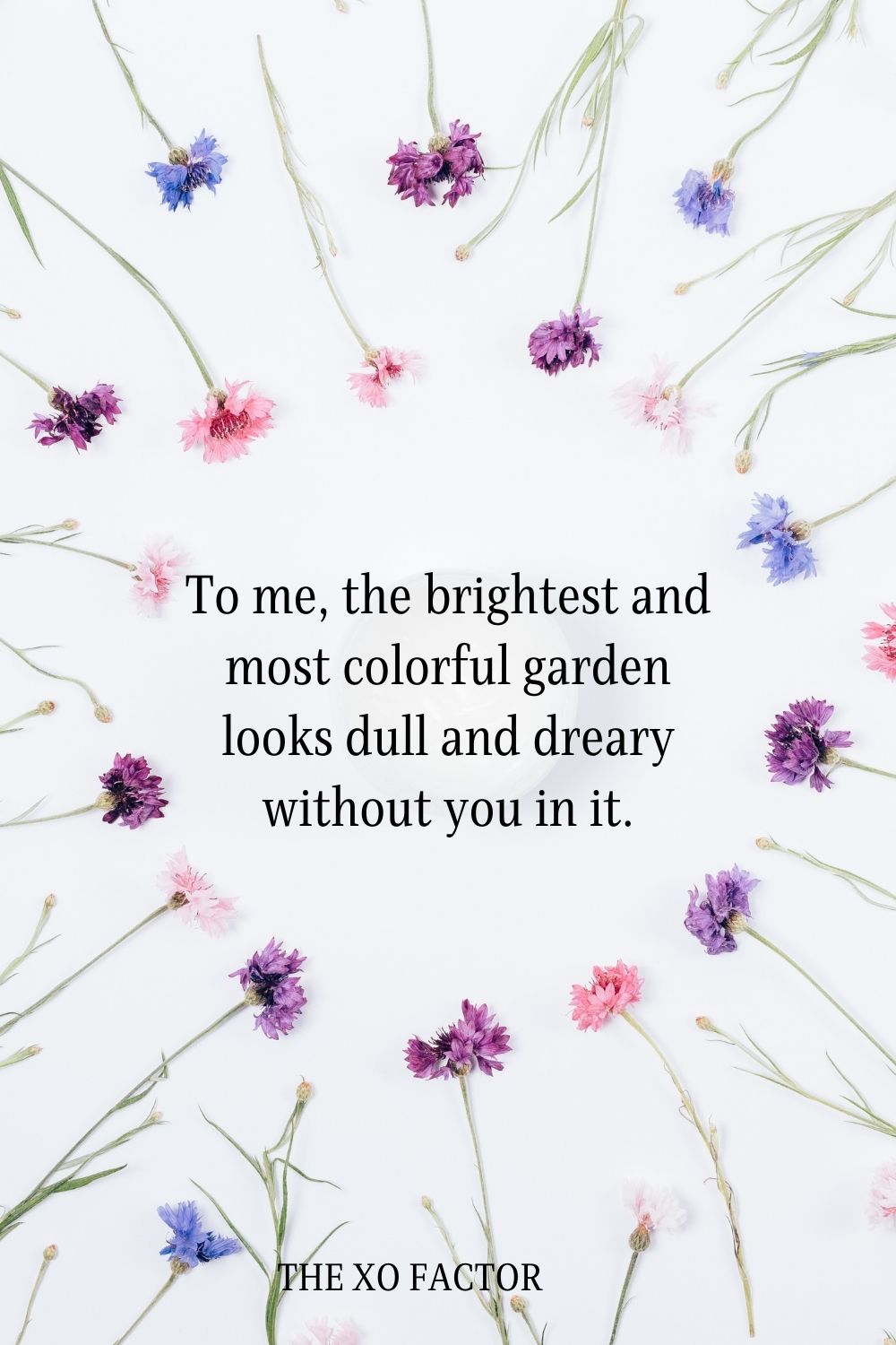 To me, the brightest and most colorful garden looks dull and dreary without you in it.
