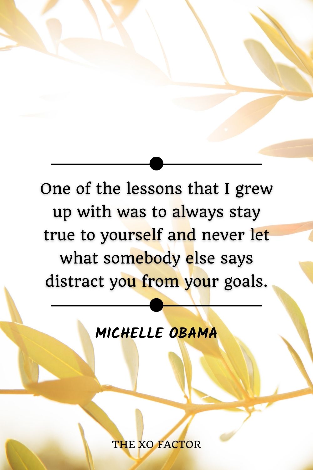 One of the lessons that I grew up with was to always stay true to yourself and never let what somebody else says distract you from your goals.” – Michelle Obama
