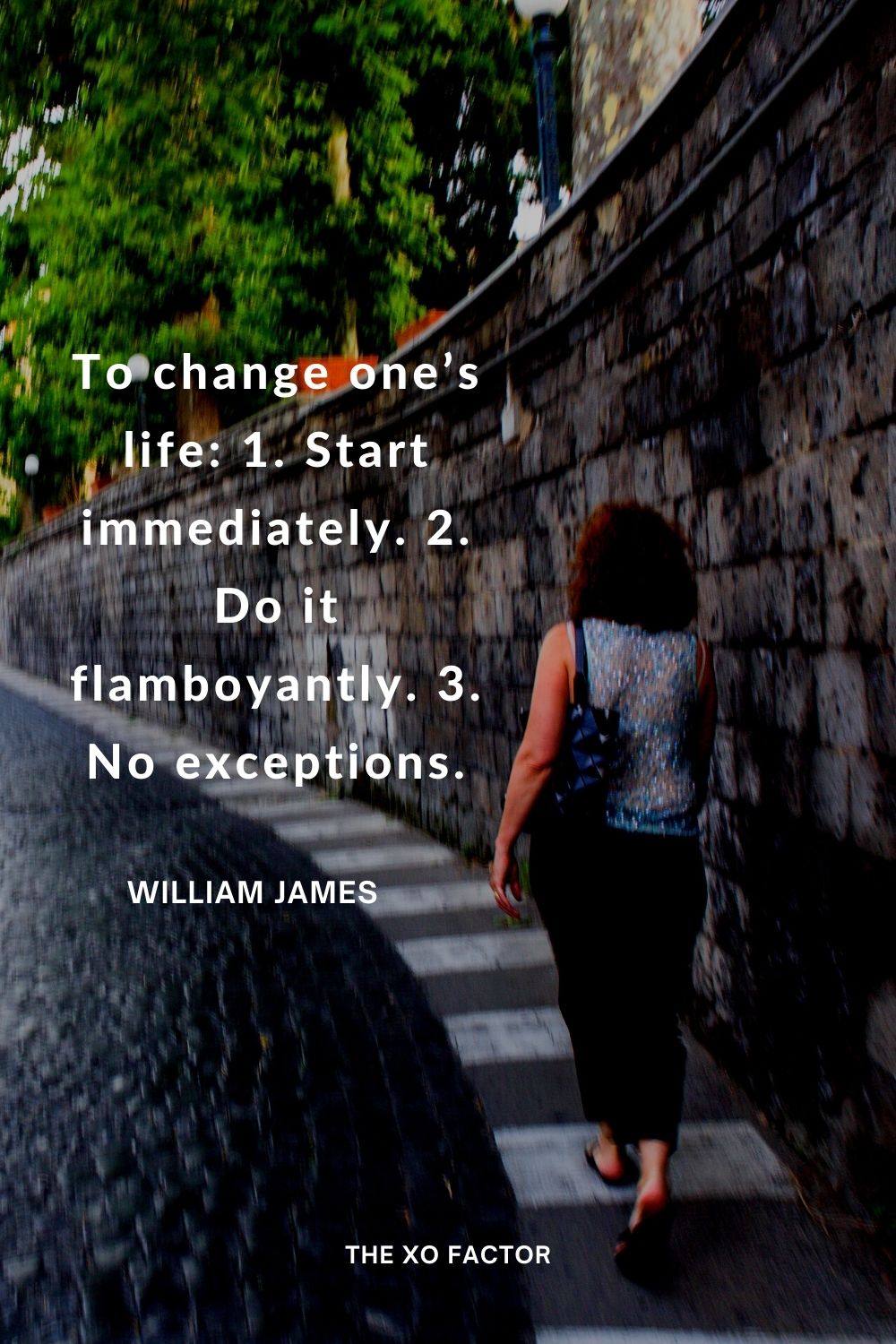 To change one’s life: 1. Start immediately. 2. Do it flamboyantly. 3. No exceptions.