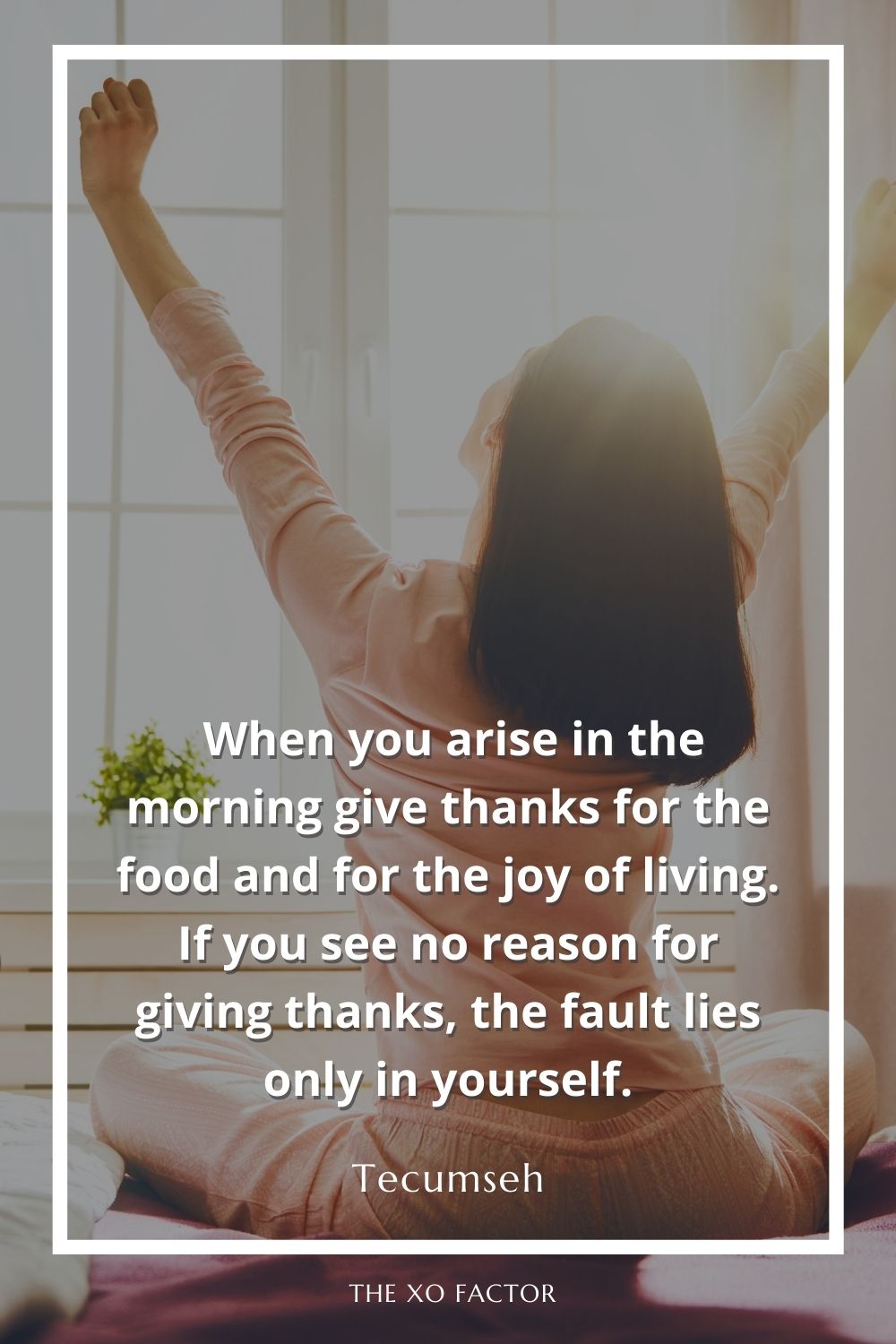  When you arise in the morning give thanks for the food and for the joy of living. If you see no reason for giving thanks, the fault lies only in yourself.