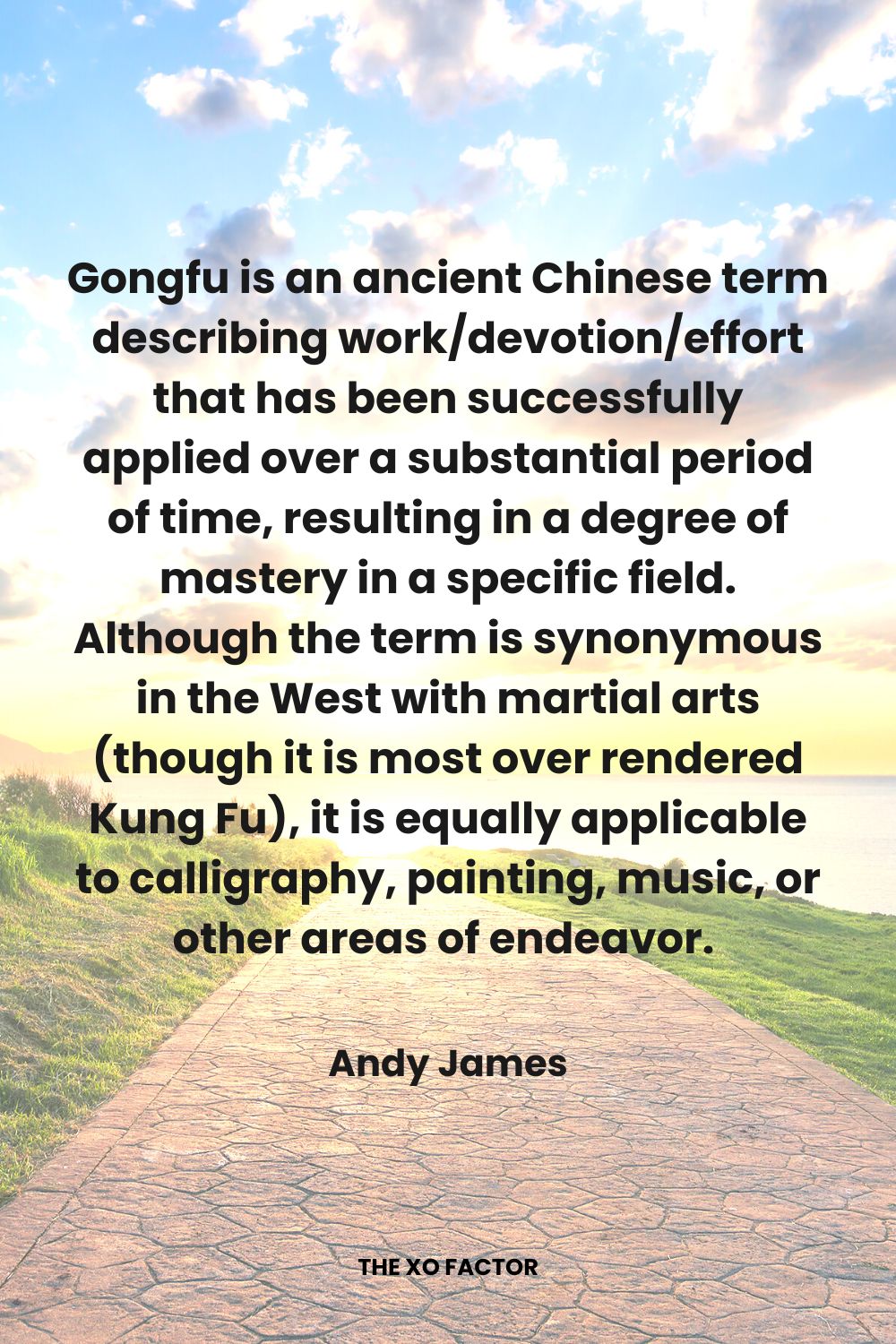 Gongfu is an ancient Chinese term describing work/devotion/effort that has been successfully applied over a substantial period of time, resulting in a degree of mastery in a specific field.  Although the term is synonymous in the West with martial arts (though it is most over rendered Kung Fu), it is equally applicable to calligraphy, painting, music, or other areas of endeavor. Andy James