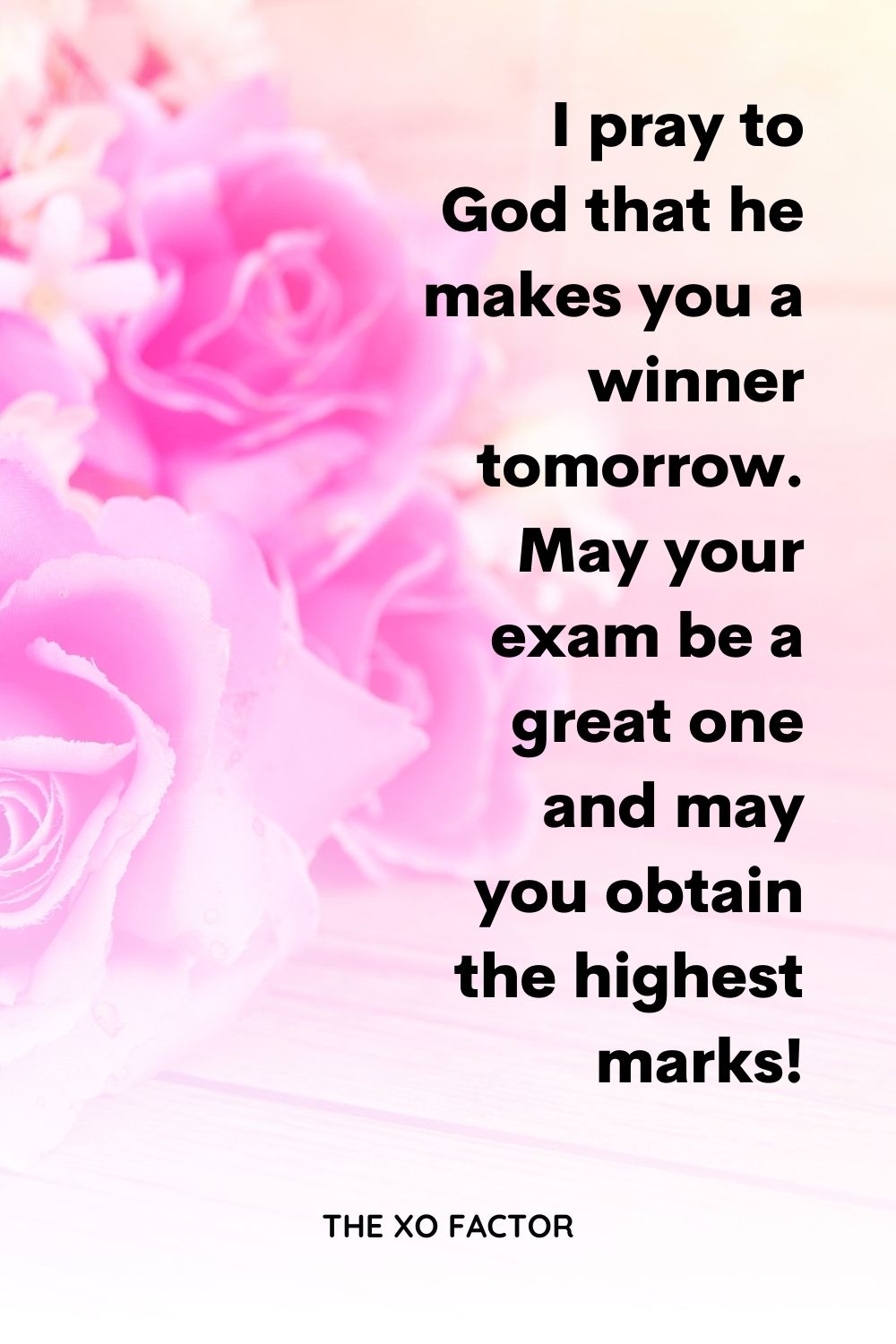 I pray to god that he makes you a winner tomorrow. May your exam be a great one and may you obtain the highest marks!