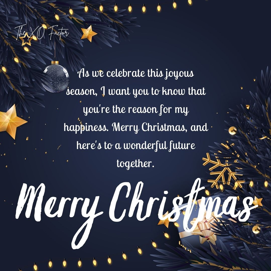 As we celebrate this joyous season, I want you to know that you're the reason for my happiness. Merry Christmas, and here's to a wonderful future together.