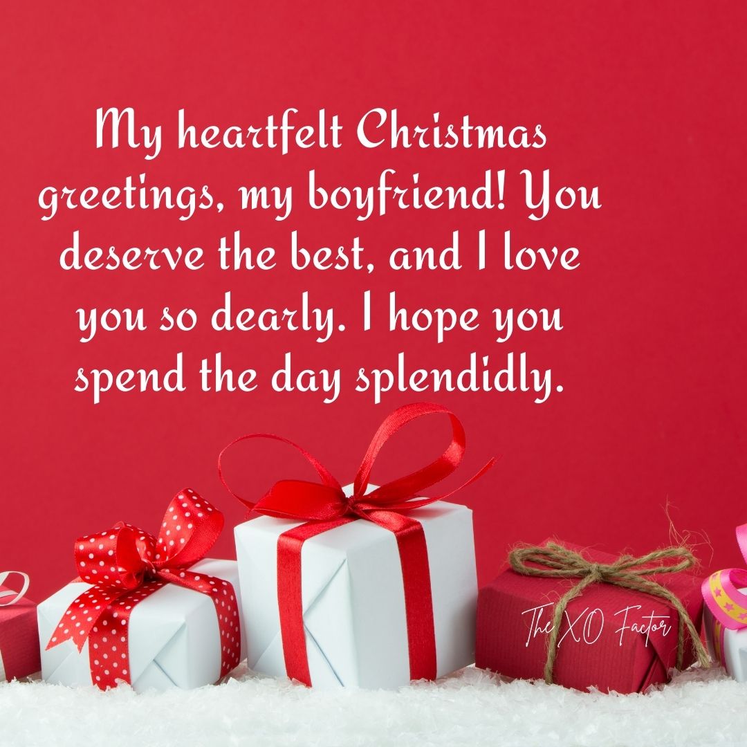 My heartfelt Christmas greetings, my boyfriend! You deserve the best, and I love you so dearly. I hope you spend the day splendidly.