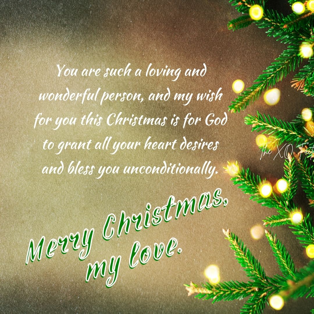 You are such a loving and wonderful person, and my wish for you this Christmas is for God to grant all your heart desires and bless you unconditionally. Merry Christmas, my love.