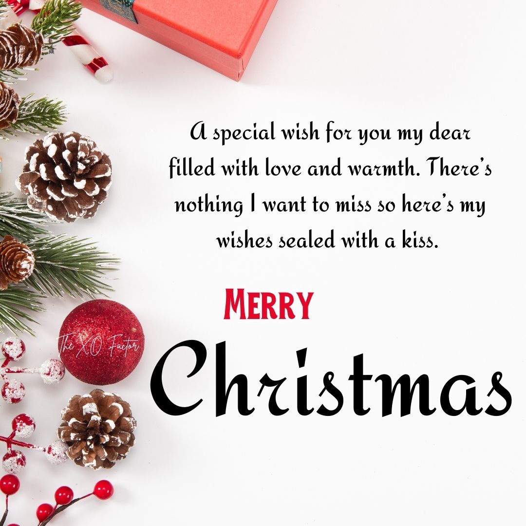 A special wish for you my dear filled with love and warmth. There’s nothing I want to miss so here’s my wishes sealed with a kiss. Merry Christmas 