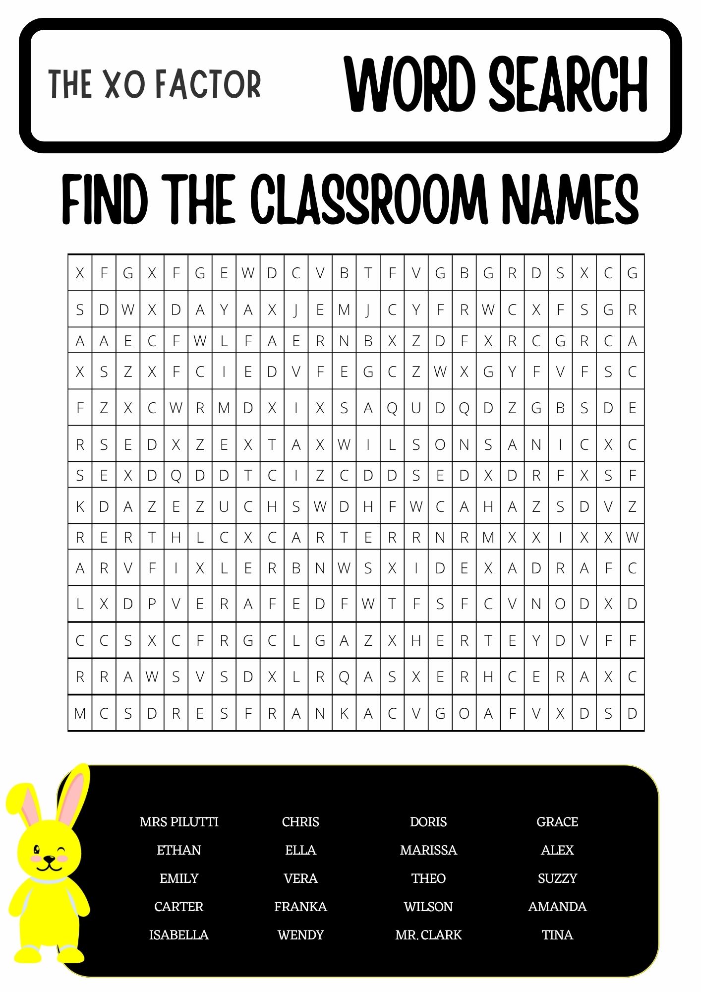 Find the Classroom Names Wordsearch